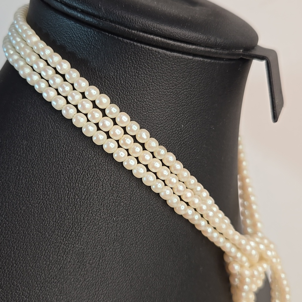 Classic Rose Quartz Stones Pearl Lariat Floral Necklace Earrings Triple Strand - Picture 8 of 15